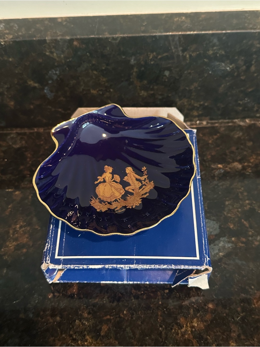 Limoges Cobalt Blue and Gold Shell Trinket Dish